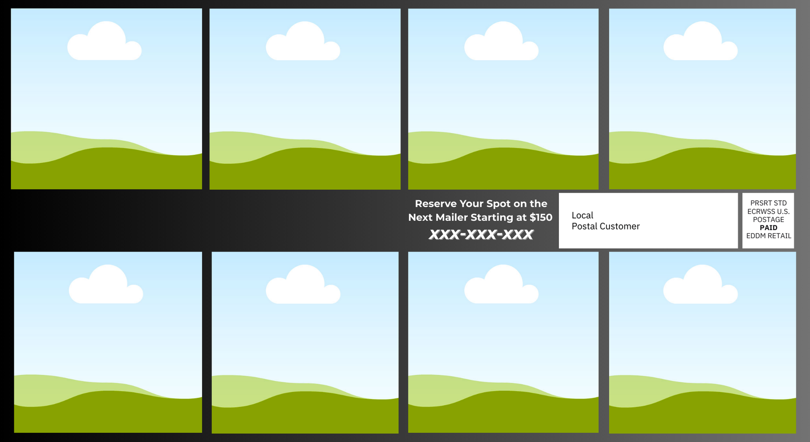 Example community postcard front side showing 8 local business ads